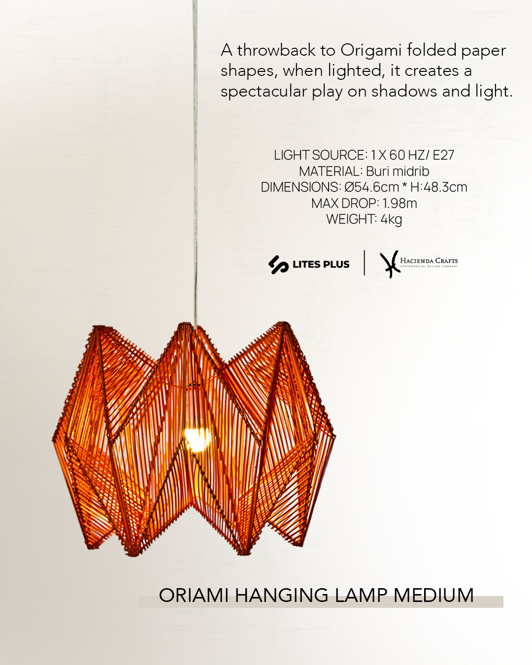 Oriami Hanging Lamp Medium 546mm buri pendant light with black aluminum base and 3 meter suspension